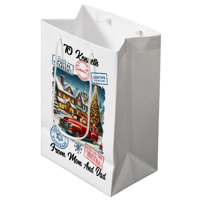 Festive Santa Sack by the Tree Medium Gift Bag (Front Angled)