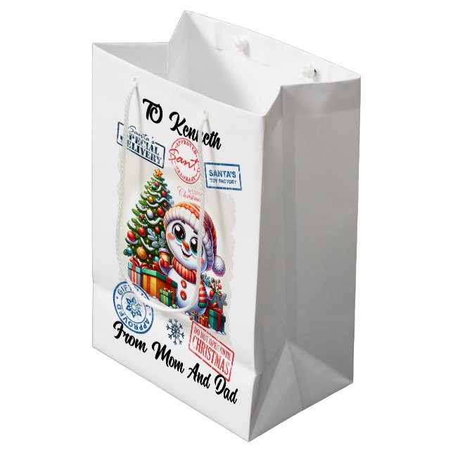 Festive Santa Sack With Holiday Snowman Medium Gift Bag (Front Angled)