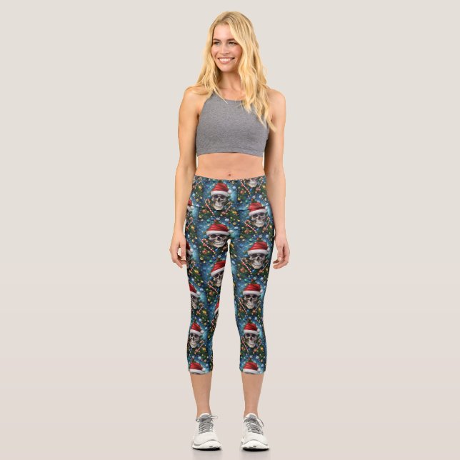 Festive Santa Skull Capri Leggings (Front)