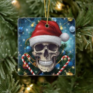 Festive Santa Skull Ceramic Ornament