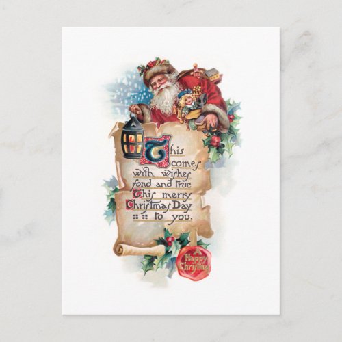 Festive Santa wLantern and Scroll and Greetings Postcard
