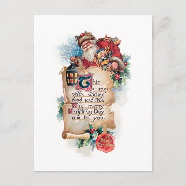 Festive Santa w/Lantern and Scroll and Greetings Postcard (Front)