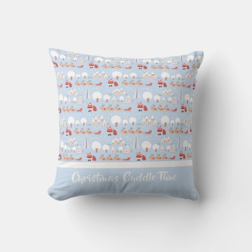 Festive Santas Christmas Village and Fun Reindeer Throw Pillow