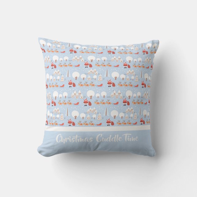 Festive Santa's Christmas Village and Fun Reindeer Throw Pillow (Front)
