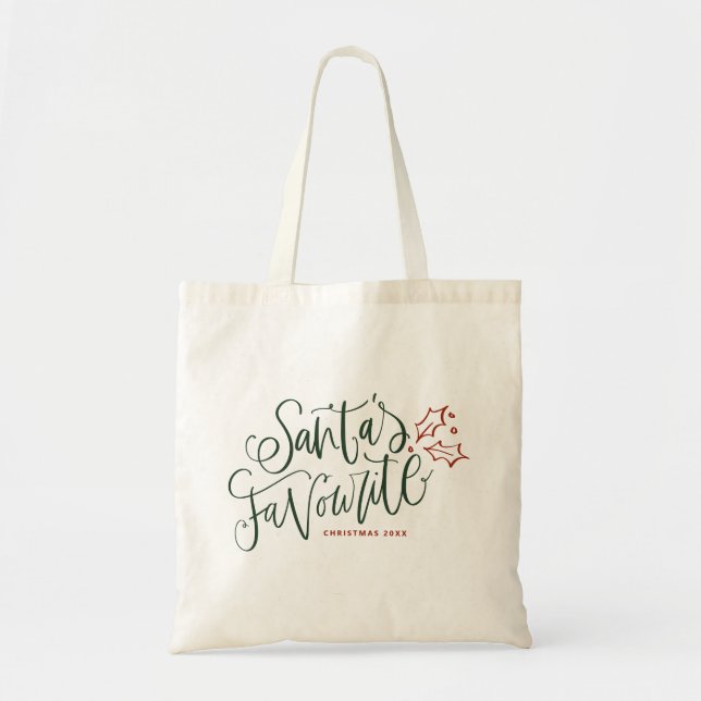 Festive Santa's Favourite Christmas Lettering Tote Bag (Front)