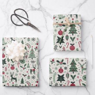 Festive Scandinavian Holly & Reindeer Christmas Wrapping Paper Sheets