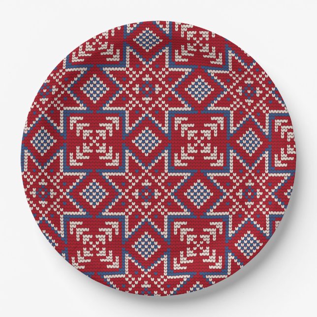 Festive Scandinavian Sweater Pattern Paper Plates (Front)