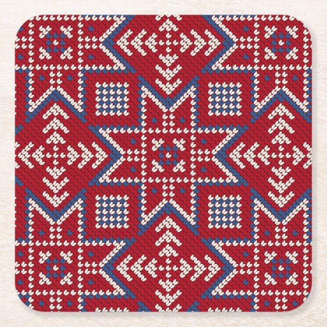 Festive Scandinavian Sweater Pattern Square Paper Coaster (Front)