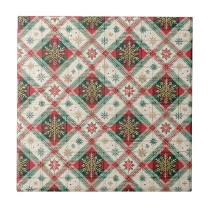 Festive Scottish Tartan Plaid Snowflake Pattern Ceramic Tile