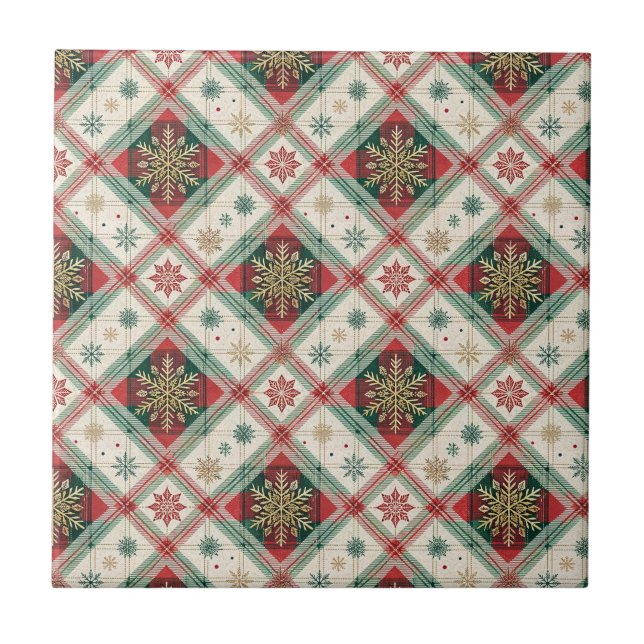 Festive Scottish Tartan Plaid Snowflake Pattern Ceramic Tile (Front)