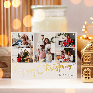 Festive Script Five-Photo Merry Christmas Gold Foil Holiday Card