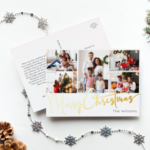 Festive Script Five-Photo Merry Christmas Gold Foil Holiday Postcard