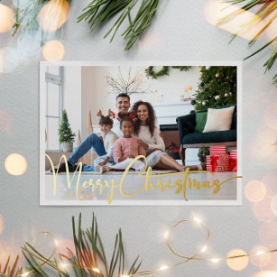 Festive Script Full Photo Merry Christmas Gold Foil Holiday Card