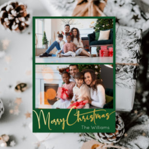 Festive Script Green 2 photo Merry Christmas Gold Foil Holiday Postcard