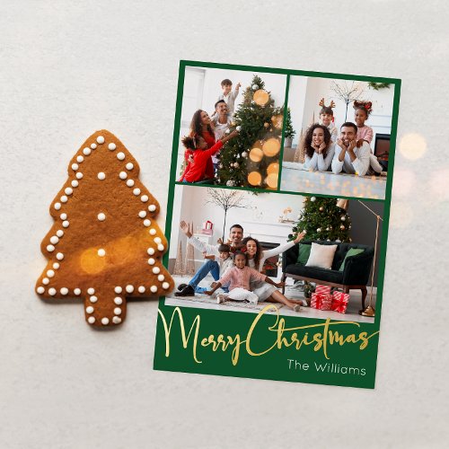 Festive Script Green 3 Photo Merry Christmas Gold Foil Holiday Card