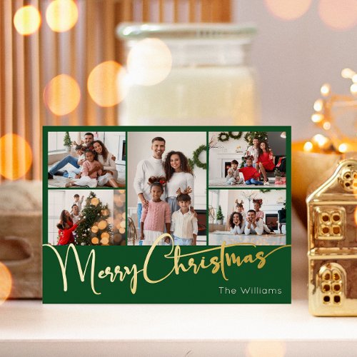 Festive Script Green 5 Photo Merry Christmas Gold Foil Holiday Postcard