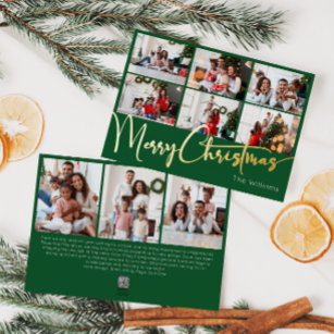 Festive Script Green 9 Photo Merry Christmas Gold Foil Holiday Card