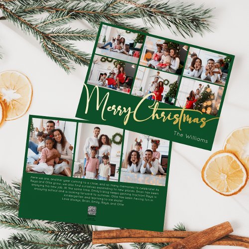 Festive Script Green 9 Photo Merry Christmas Gold Foil Holiday Card