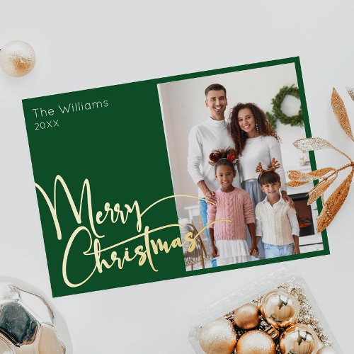 Festive Script Green Photo Merry Christmas Gold Foil Holiday Card