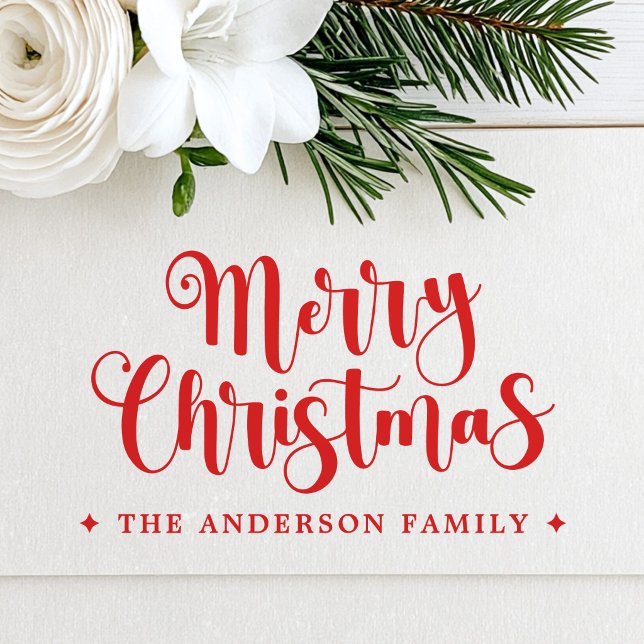 Festive script Merry Christmas custom name Rubber Stamp (Festive script Merry Christmas custom name Rubber Stamp)