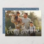 Festive Script Overlay Hanukkah Photo Holiday Card<br><div class="desc">Simple and chic Hanukkah photo card features your favorite family photo overlaid with "Happy Hanukkah" in white modern script lettering. Personalize with your family name and the year along the bottom. Cards reverse to a snow and stars pattern in dusty slate blue and white.</div>