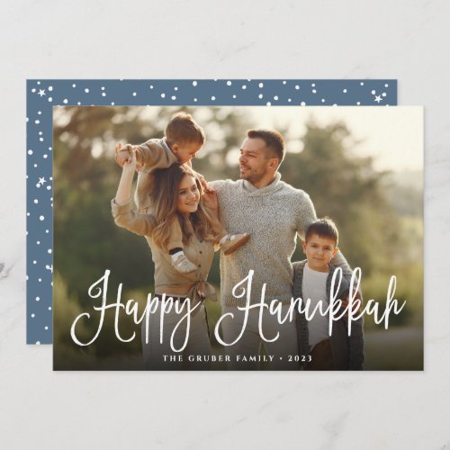 Festive Script Overlay Hanukkah Photo Holiday Card