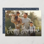 Festive Script Overlay Hanukkah Photo Holiday Card<br><div class="desc">Simple and chic Hanukkah photo card features your favorite family photo overlaid with "Happy Hanukkah" in white modern script lettering. Personalize with your family name and the year along the bottom. Cards reverse to a snow and stars pattern in dusty navy blue and white.</div>