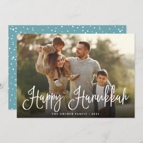 Festive Script Overlay Hanukkah Photo Holiday Card