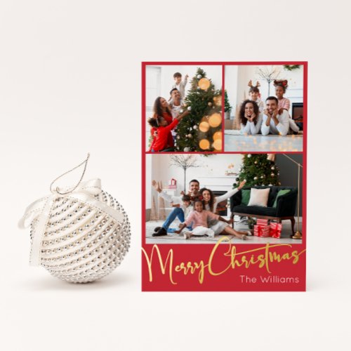 Festive Script Red 3 Photo Merry Christmas Gold Foil Holiday Card