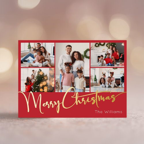 Festive Script Red Five_Photo Merry Christmas Gold Foil Holiday Postcard
