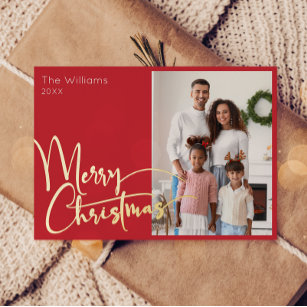 Festive Script Red Photo Merry Christmas Gold Foil Holiday Card