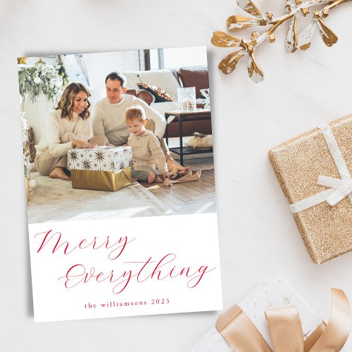 Festive Script Red Simple Merry Everything Photo Holiday Card