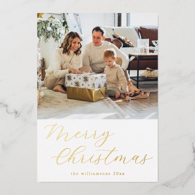 Festive Script Simple Merry Christmas Photo Gold Foil Holiday Card (Front)