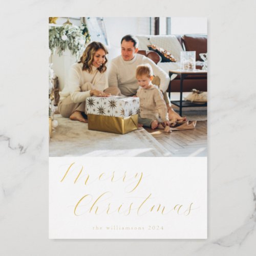 Festive Script Simple Merry Christmas Photo Gold Foil Holiday Card