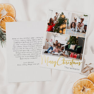 Festive Script Three-Photo Merry Christmas Gold Foil Holiday Card