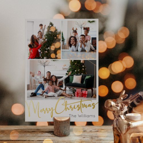 Festive Script Three_Photo Merry Christmas Gold Foil Holiday Postcard