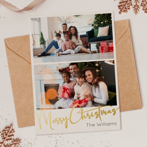 Festive Script Two_Photo Merry Christmas Gold Foil Holiday Card