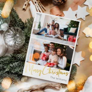 Festive Script Two-Photo Merry Christmas Gold Foil Holiday Postcard