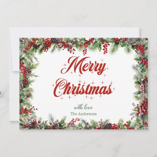 Festive script typography Merry Christmas holly Holiday Card
