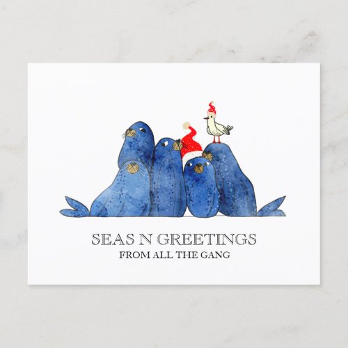 Festive Sea Lions Seas n Greetings Watercolor Holiday Postcard