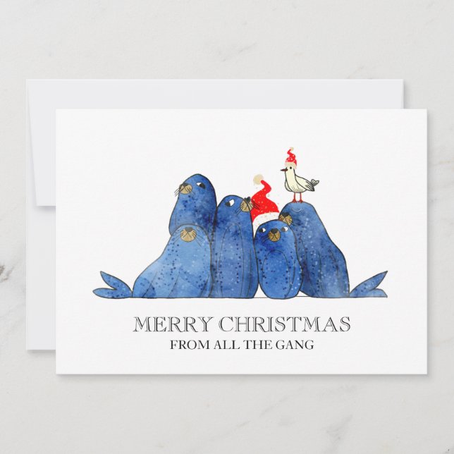 Festive Sea Lions Watercolor Holiday Card (Front)