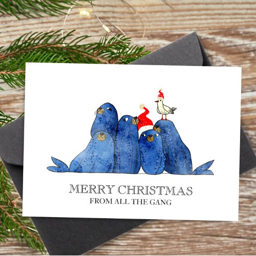 Festive Sea Lions Watercolor Holiday Card