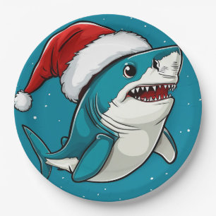 Festive Shark Wearing a Santa Hat Paper Plates