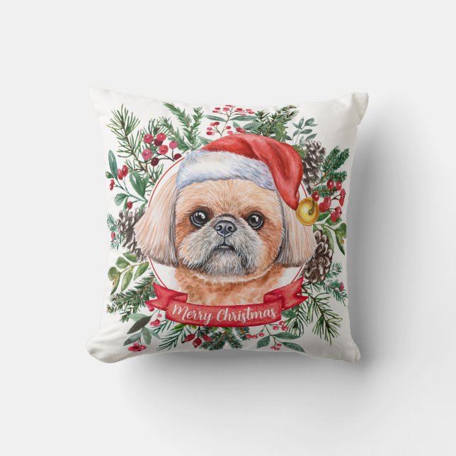 Festive Shih Tzu Dog Holiday Custom Throw Pillow (Front)