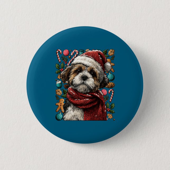 Festive Shih Tzu With Santa Hat Snowy Winter Chris Button (Front)