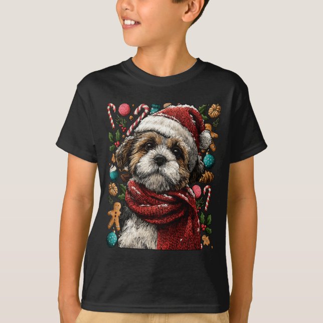 Festive Shih Tzu With Santa Hat Snowy Winter Chris T-Shirt (Front)