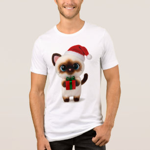 Festive Siamese Cat with Santa Hat and Gift Box Tri-Blend Shirt