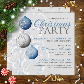 Festive Silver and Blue Christmas Party Invitation