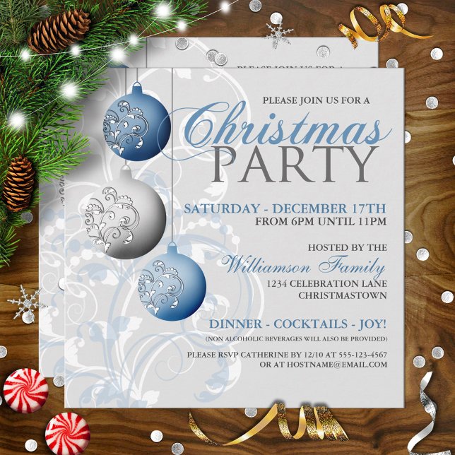 Festive Silver and Blue Christmas Party Invitation (Creator Uploaded)