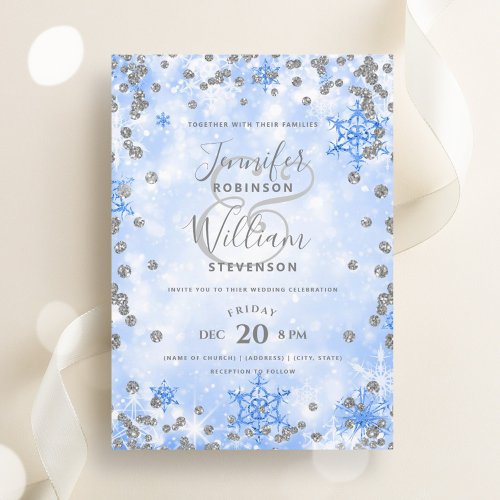 Festive Silver Blue Glam Elegant Winter Wedding  Invitation